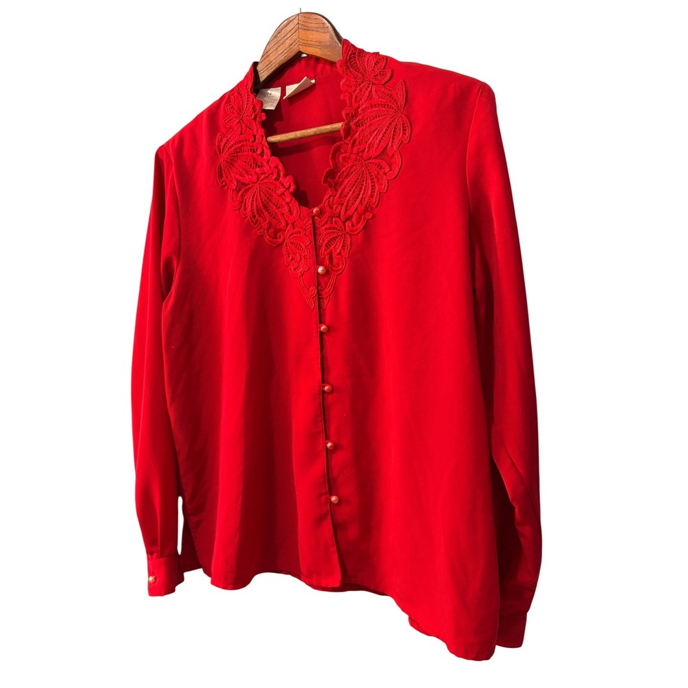 Liz Baker Vintage Red Lace Embroidered V-Neck Button Front Long Sleeve Blouse‎
